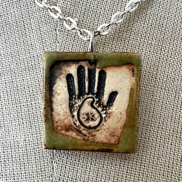 Rustic Ceramic Handprint Pendant Necklace - Picture 1 of 8